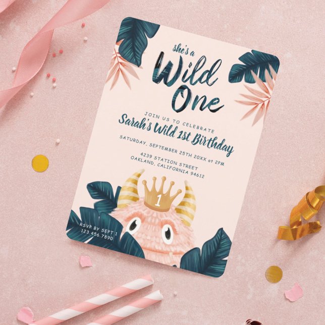 She's a Wild One Pink Monster & Tropical Jungle Invitation (She's a Wild One Pink Monster & Tropical Jungle Invitation)