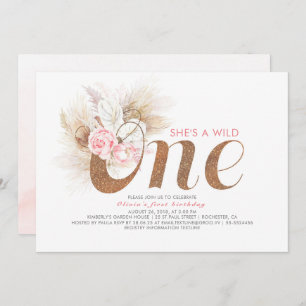 She's a Wild One - Pink Pampas Grass 1st Birthday Invitation