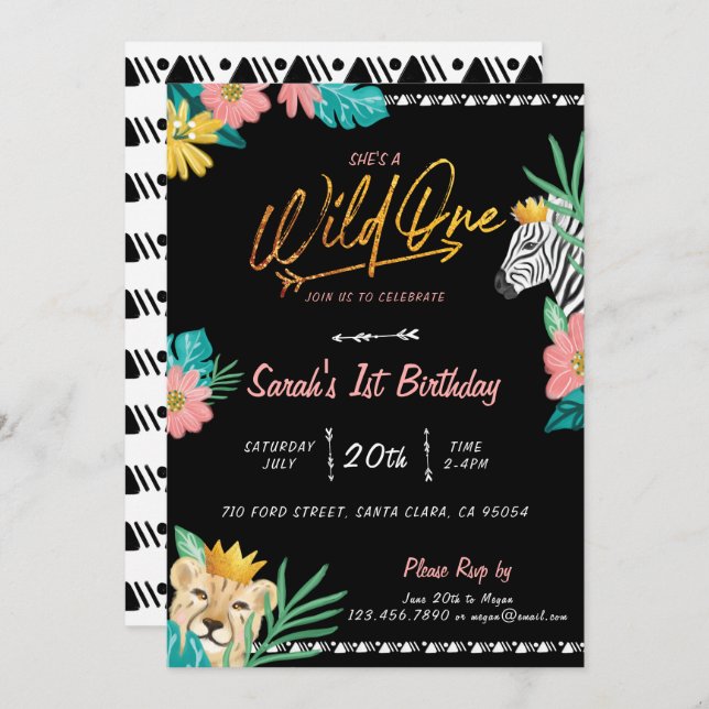 She's A Wild One Tropical Jungle Tribal Birthday Invitation (Front/Back)