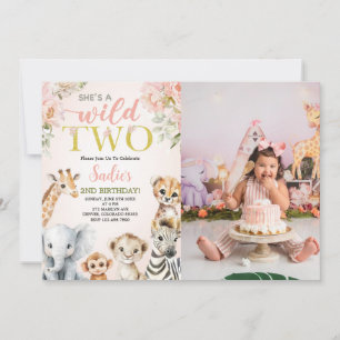 She's a Wild Two Floral Safari Birthday Photo Invitation