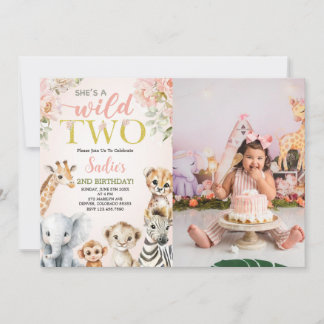 She's a Wild Two Floral Safari Birthday Photo Invitation
