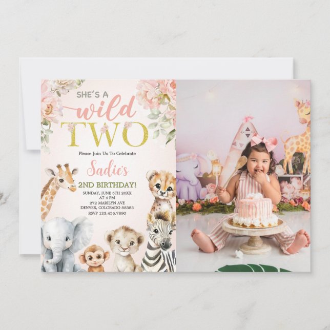 She's a Wild Two Floral Safari Birthday Photo Invitation (Front)