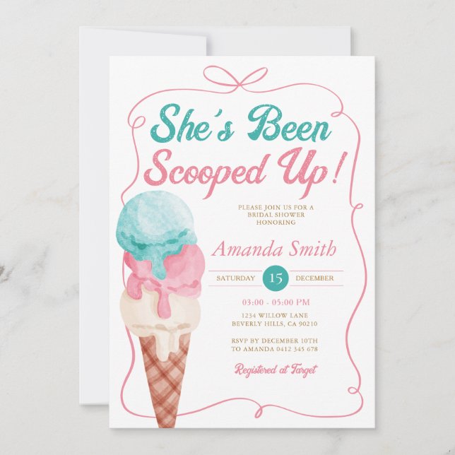 She's been Scooped Up Ice Cream Bow Bridal Shower Invitation (Front)