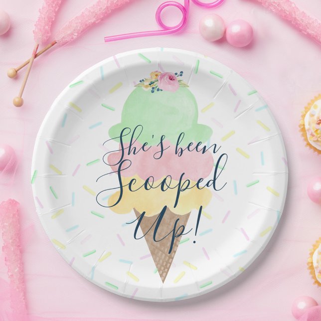 She's Been Scooped Up Ice Cream Paper Plates (She's Been Scooped Up Sprinkle Bridal Shower Paper Plates)