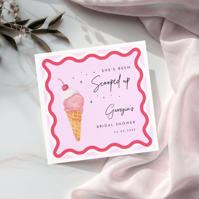 She's Been Scooped Up Pink Red Wavy Bridal Shower Napkin (Creator Uploaded)