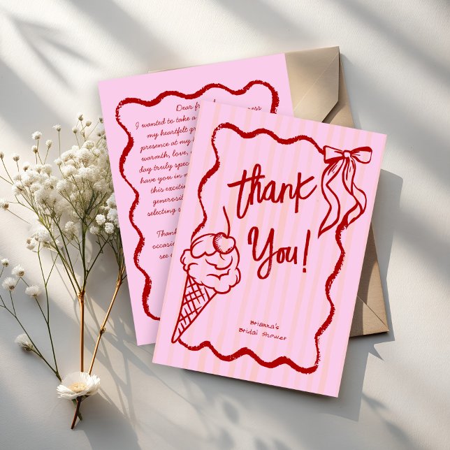 She's been scooped up wavy border sketch bridal thank you card (She's been scooped up pink handrawn sketch wavy border ice cream bridal thank you card)
