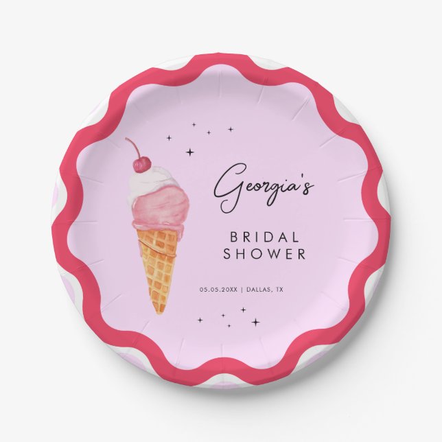 She's Been Scooped Up Wavy Pink Red Bridal Shower Paper Plate (Front)