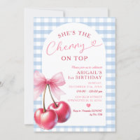 She's Cherry on Top Blue Gingham Pink Birthday Bow