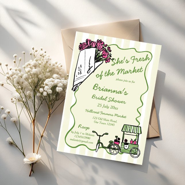 She's fresh of the market bridal shower invitation (She's fresh of the market bridal shower invitation card template handrawn wavy border sketch flowers)