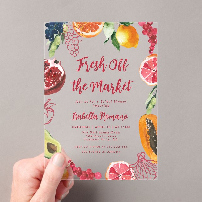 She's Fresh Off the Market Bridal Shower Acrylic Invitations (Insitu (Handheld))