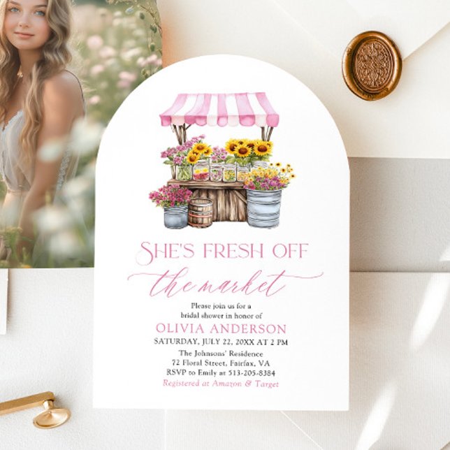 She's Fresh Off The Market Bridal Shower Arched Invitation (Watercolor She's Fresh Off The Market Bridal Shower Arched Invitation)