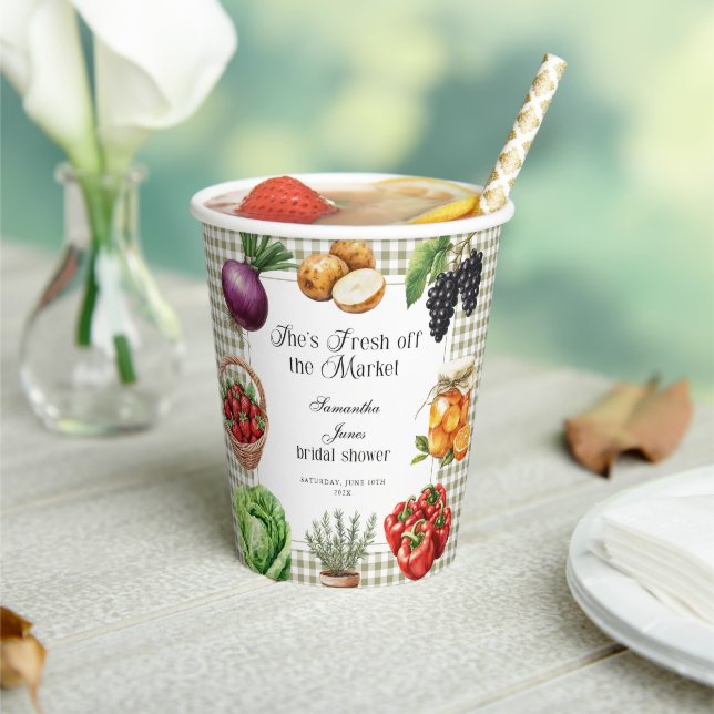 She's Fresh Off The Market Gingham Bridal Shower Paper Cups (Insitu)