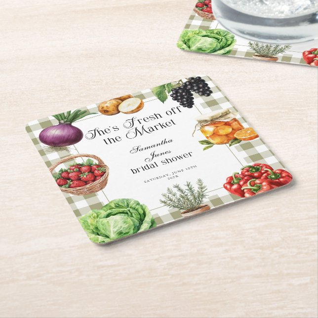 She's Fresh Off The Market Gingham Bridal Shower Square Paper Coaster (Angled)