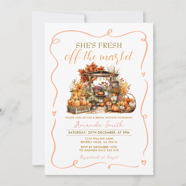 She's Fresh off The Market Pumpkin Bridal Shower Invitation (Front)
