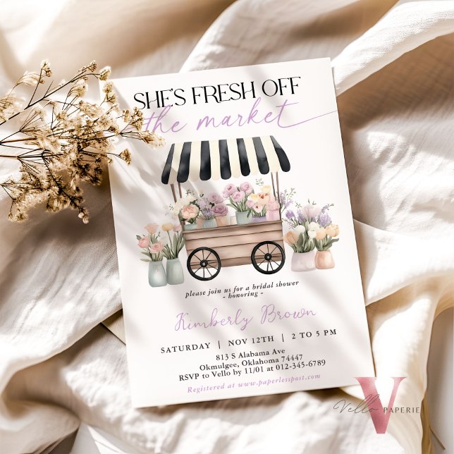 She's Fresh Off the Market Purple Bridal Shower Invitation (Creator Uploaded)