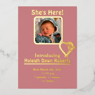 She's Here Foil & Photo Birth Announcement