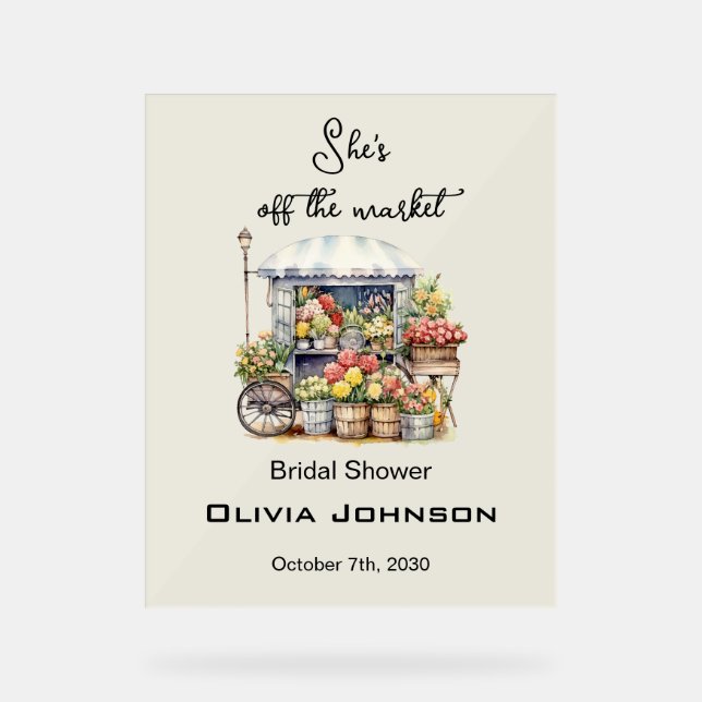 She's off the Market Beige Flower Bridal Shower Acrylic Sign (Front)