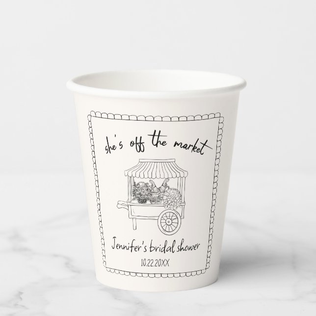 "She's off the Market" Hand Drawn Bridal Shower Paper Cups (Front)