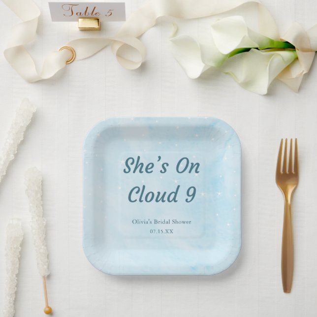 She's On Cloud 9 Dreamy Sky Blue Bridal Shower  Paper Plate (Wedding)