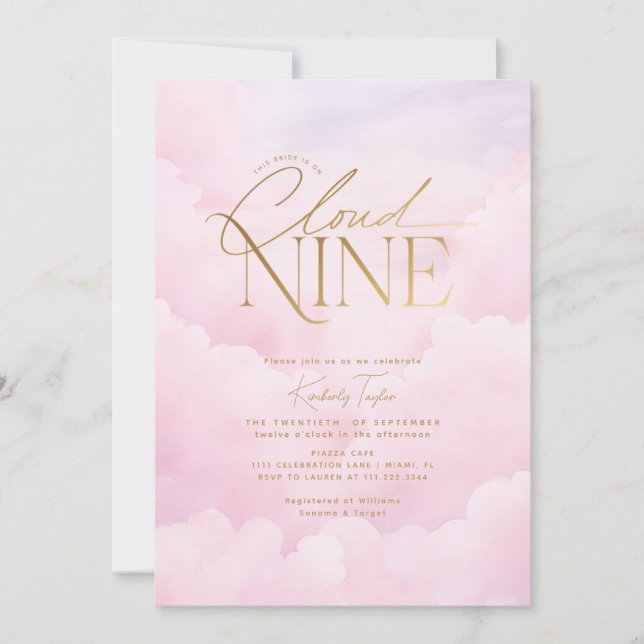 She's on Cloud 9 Elegant Pink Blush Bridal Shower Invitation (Front)