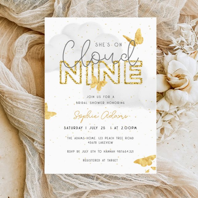 She's on Cloud Nine Gold Butterflies Bridal Shower Invitation (Creator Uploaded)