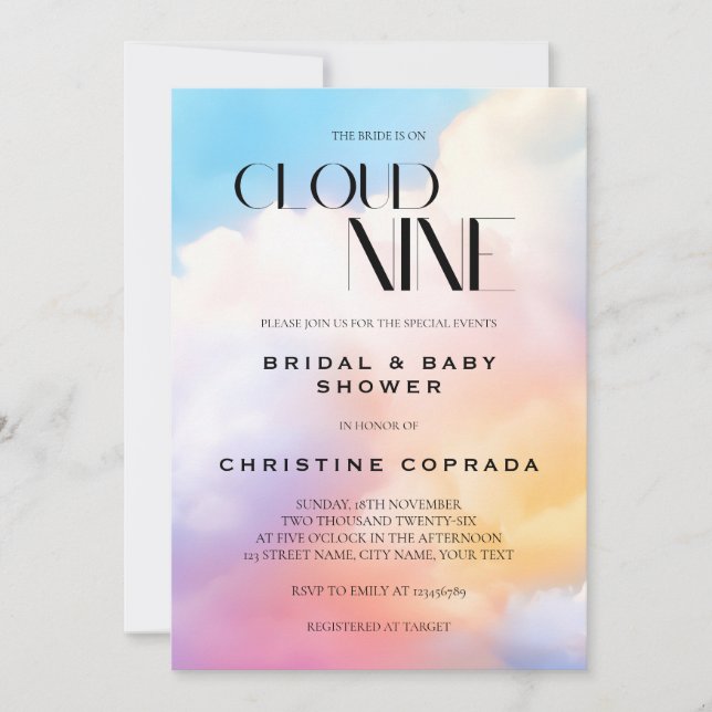 She's On Cloud Nine Pastel Bridal and Baby Shower  Invitation (Front)