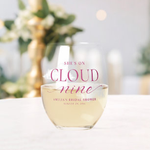 She's On Cloud Nine Pink Bridal Shower Tapestry Stemless Wine Glass