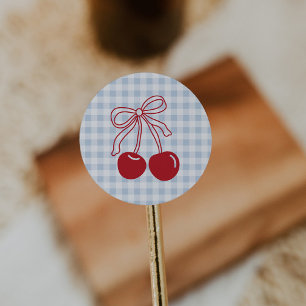 She's Our Cherry On Top Blue Gingham Birthday Classic Round Sticker