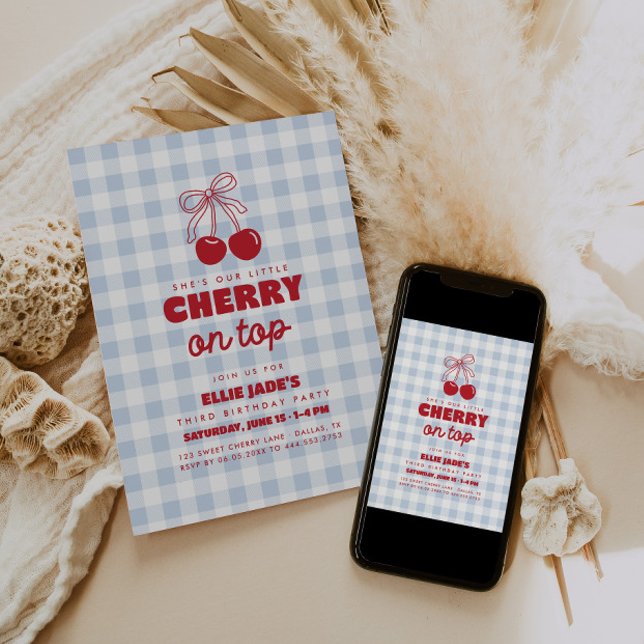 She's Our Cherry On Top Blue Gingham Birthday Invitation (Creator Uploaded)