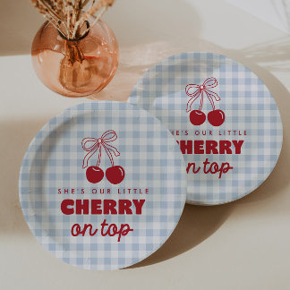 She's Our Cherry On Top Blue Gingham Birthday Paper Plate