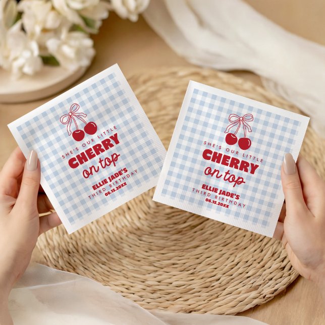 She's Our Cherry On Top Blue Gingham Favour Napkin (Creator Uploaded)