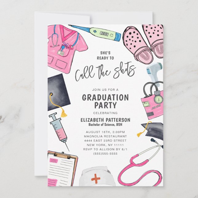 She's Ready Call Shots Nursing School Graduation Invitation (Front)