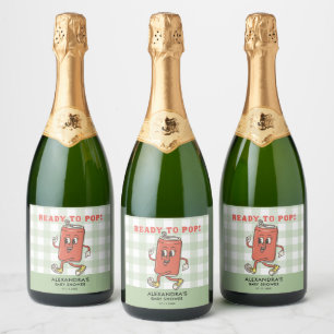 Shes Ready To Pop Baby Shower Gingham Green Retro Sparkling Wine Label