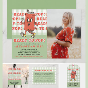 Shes Ready to Pop Baby Shower Green Gingham Photo Invitation
