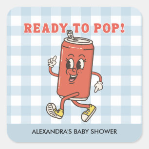 She's Ready to Pop Baby Shower Retro Blue Gingham Square Sticker