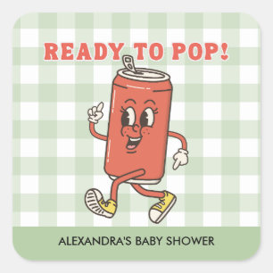 Shes Ready to Pop Baby Shower Retro Green Gingham Square Sticker