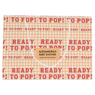 Shes Ready To Pop Baby Shower Retro Orange Gingham Large Gift Bag