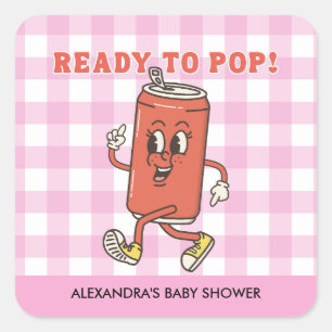 She's Ready to Pop Baby Shower Retro Pink Gingham Square Sticker