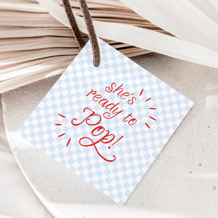 She's Ready to Pop Blue & Red Chequered Favour Tags