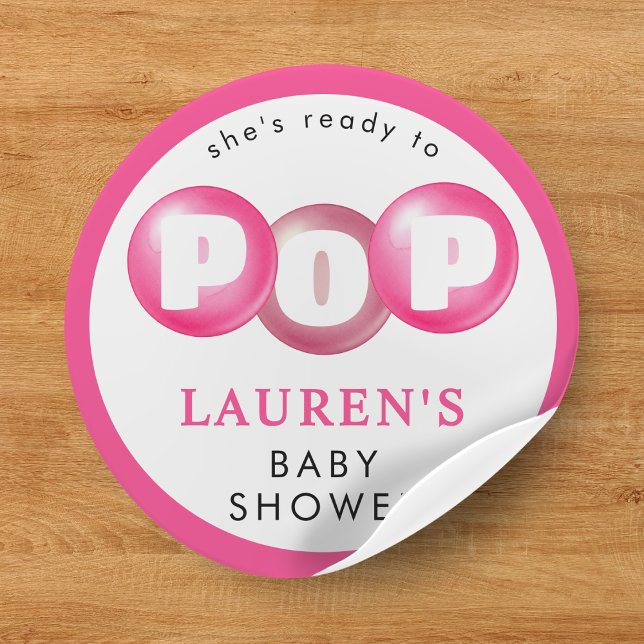 She's Ready To Pop Bubblegum Pink Girl Baby Shower Classic Round Sticker (She's Ready To Pop Bubblegum Pink Girl Baby Shower Classic Round Sticker
)