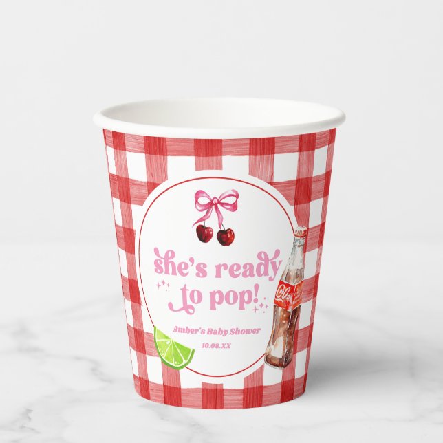 She's Ready To Pop! Cherry Soda Pop Baby Shower Paper Cups (Front)