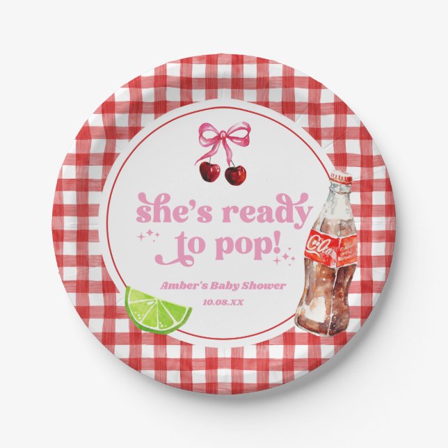 She's Ready To Pop! Cherry Soda Pop Baby Shower Paper Plate (Front)