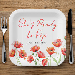 She's Ready To Pop Poppy Flower Spring Baby Shower Paper Plate