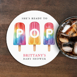 She's Ready To Pop Popsicle Summer Baby Shower Round Paper Coaster