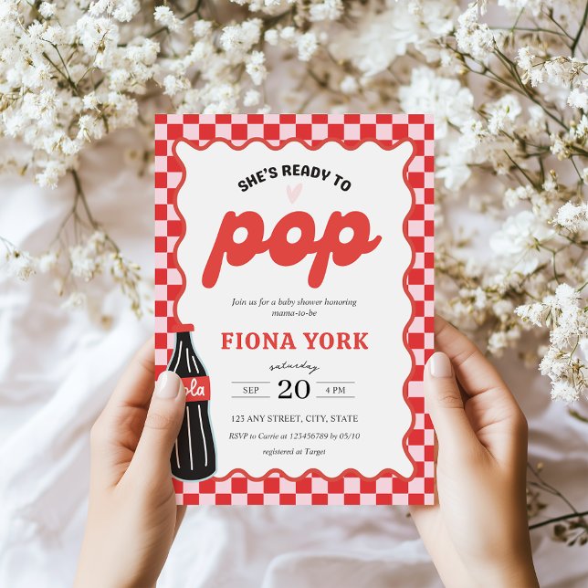 She's Ready to Pop Retro Soda Red Pink Baby Shower Invitation (She's Ready to Pop Baby Shower Invitation)