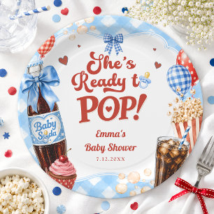 She's Ready to Pop Soda Blue Gingham Baby Shower Paper Plate