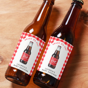 She's Ready to Pop Soda Plaid Red Baby Shower Beer Bottle Label