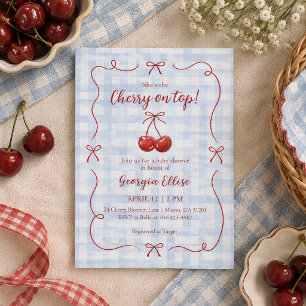 She's the Cherry on Top Blue Gingham Baby Shower Invitation