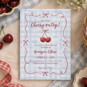 She's the Cherry on Top Blue Gingham Baby Shower Invitation
