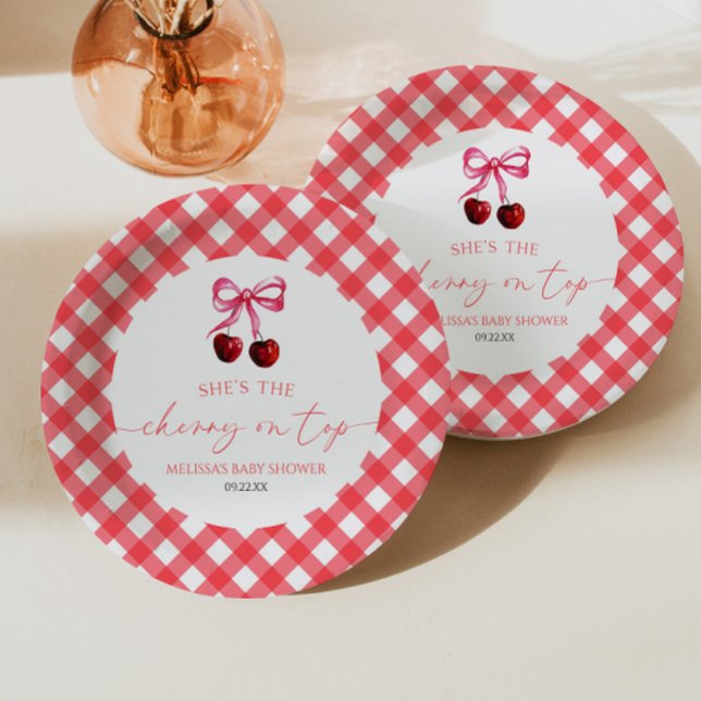 She's The Cherry On Top Bow Cherry Baby Shower Paper Plate (Creator Uploaded)